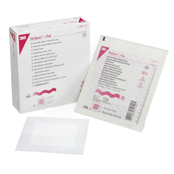 3M Medipore +Pad 3568 - Soft Cloth Adhesive Wound Dressing, Absorbent, Sterile, Breathable, Hypoallergenic, Latex-free - Dressing Size 6  x 6 , Pad Size 4  x 4 , Box of 25 on Sale