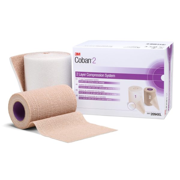 3M Coban 2 Two-Layer Compression Bandage System 2094XL - Self-Adherent   Pull On Closure, Tan   White, 35 to 40 mmhg - 4  X 3 4 5 Yard   4  X 6 3 10 Yard Roll,Box of 8   1 Kit Discount